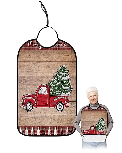 Christmas Truck Adult Bibs for Eating, Waterproof Bibs with Food Catcher & Adjustable Snap Closure, Red Plaid Xmas Tree Vintage Wood Washable Clothing Protectors Adult Bibs for Elderly Women/Men