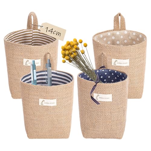 4 Pièces Petit Panier de Rangement, Panier de Rangement en Coton et Lin, Petit Panier Osier, Pliable, avec Crochet, pour Cosmétiques, Clés, Petits Objets