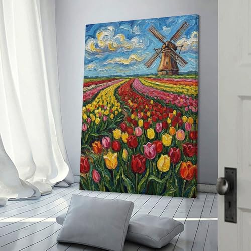 Tableau sur toile imprimé champ de tulipes et moulin sinyumoney 60x90cm art mural moderne