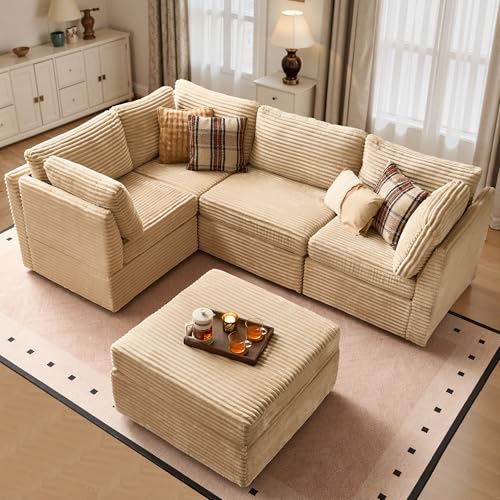 Image of ovios Modular Sectional Sofa Couch with Sofa Bed L-Shape Chaise, Comfy Plush Corduroy Cloud Couches, Modern Luxury Deep Seat Sofas Set for Living Room, 5-Seater, Beige