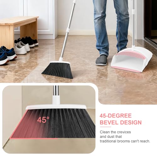 Image of Broom with Dustpan Combo Set for Home, 52-in Long Adjustable Handle Angle Broom and Dustpan Set with Dustpan Comb Teeth for Sweeping Pet Hair Food Dirt Kitchen (White-Pink)