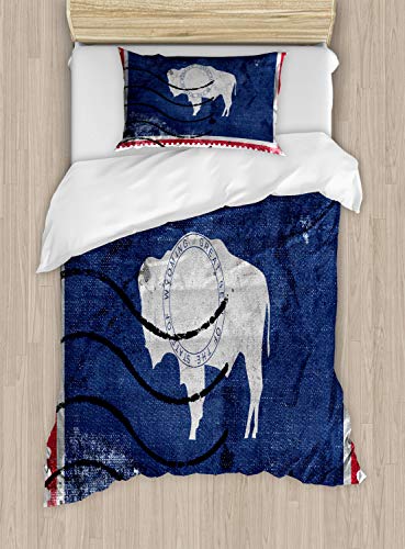 Ambesonne Wyoming Duvet Cover Set, Old Postage Stamp Look Design with Equality State with Bison Print, Decorative 2 Piece Bedding Set with 1 Pillow Sham, Twin Size, Night Blue Dark Pink