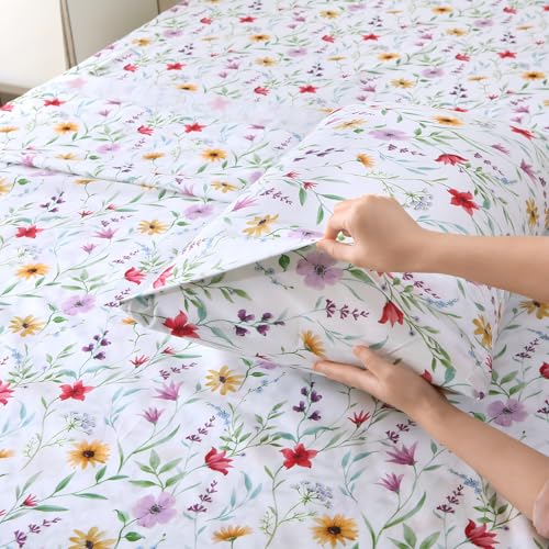 Image of MUXHOMO Full Size 4 Piece Sheet Set, Soft & Breathable Sheet for Bedroom with Deep Pocket Up to 16 inch, Wrinkle-Free & Cooling Bed Sheet with Flat Sheet, Fitted Sheet & Pillowcases - Romantic Flowers