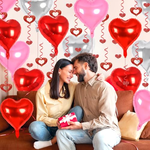 Image of 24 Pcs Red Pink Silver Heart Balloons, 100 Pcs Hearts Hanging Streamers, 18 Inch Heart Foil Balloons Valentine's Day Balloon Love Balloon for Valentines Day Proposal Wedding Party Decorations