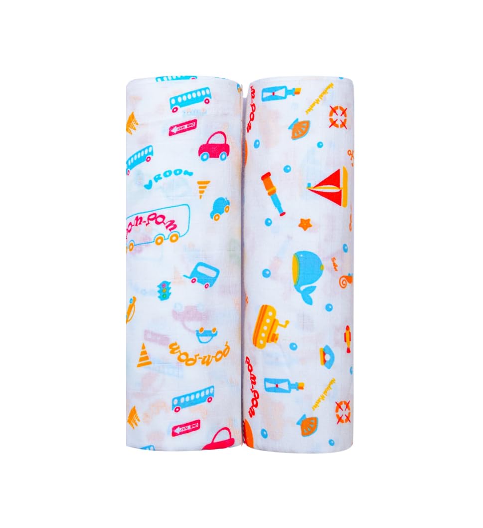Swaddle for Babies -100% Muslin Cotton Soft 2-Layer Swaddle/Blanket/Multipurpose Wrap for New Born Baby Girl & Boy 90X90 cm, 0-6 Months, Set of 2, Traffic & Aqua Print