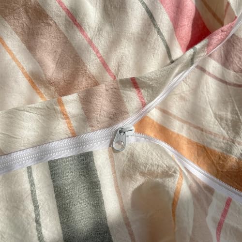 Image of VM VOUGEMARKET Striped Duvet Cover Set Queen Washed Cotton Bedding Multicolor Stripes Duvet Cover with 2 Pillowcases for Girls Women(Orange /Pink /Green /Coffee)