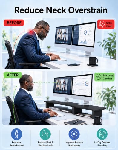 Image of Aothia 43 in Black Solid Wood Dual Monitor Stand, Monitor Riser for Desk | Dual Monitor Riser With Storage Below; Desk Shelf Organizer For Keyboards And Accessories