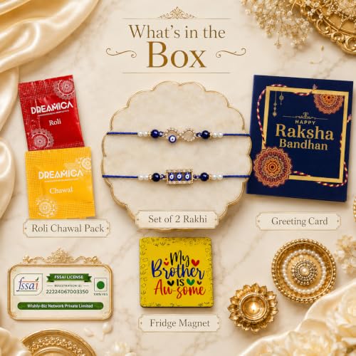 Image of Dreamica Set of 2 Designer Rakhi for Brother | Combo with 'My Brother Is Awesome' Fridge Magnet, Tilak Set (Roli-Chawal), and Greeting Card | Best Rakhi Gift For Brother (Rakhi-92)