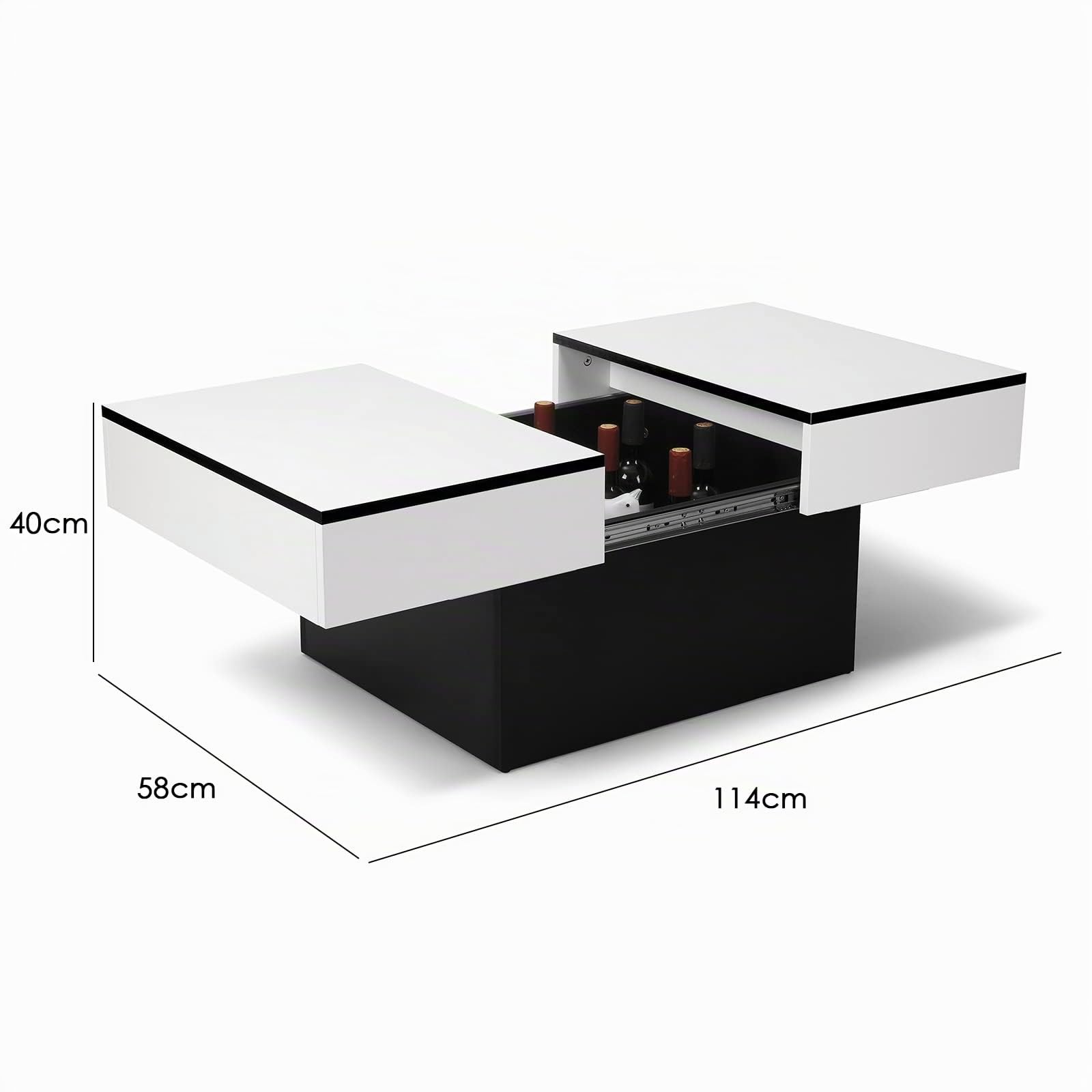 VOWNER Mesa de Centro, Mesa de Salón, Extensible, con 2 Espacios de Almacenamiento, Acabado Alto Brillo, 114 x 58 x 40 cm (Moderna Blanco) | 2 espacios de almacenamiento, acabado de alto brillo, bandeja rectangular de escritorio compacta