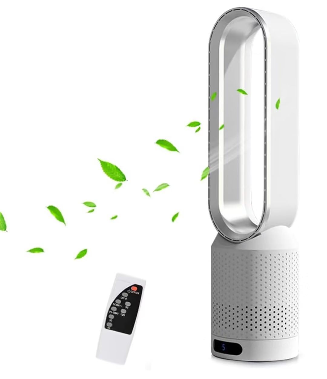 Purificador De Aire con Ventilador De Torre Sin Aspas 2 En 1 con Oscilación De 90°, Control Remoto, 8 Velocidades, Temporizador Y Pantalla Táctil Led para El Hogar Y La Oficina. White Silver