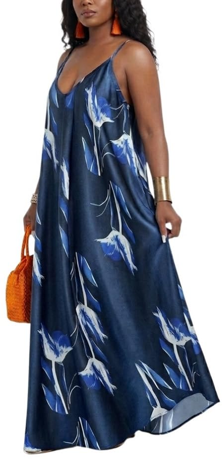 Image of Women's Casual Summer Maxi Dresses Sleeveless Adjustable Spaghetti Strap Loose Plus Size Dresses