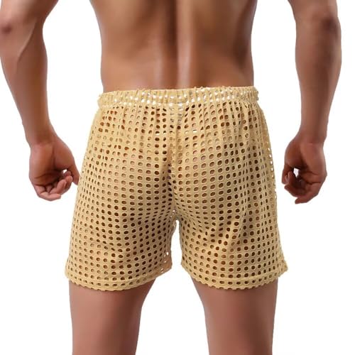 Men's Fishnet Shorts See Through Mesh Loose Trunks Hollow Workout Lounge Boxer Short Drawstring Swim Short Bottom4