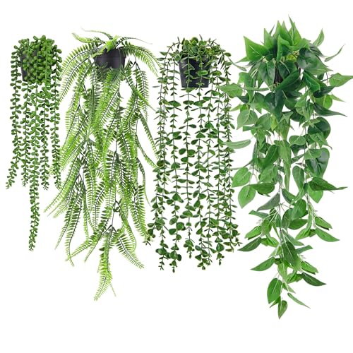 Der Rose 4Pcs Fake Plants Hanging Artificial Ivy Vine Faux Eucalyptus Hanging Plants, Boston Fern,...
