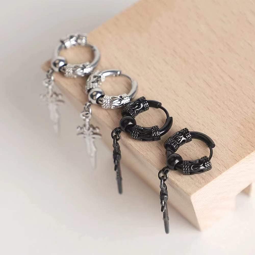 Men's Fashion Korea Style Stainless Steel Huggie Hinged Hoop Earrings with Long Chains Dangle Retro Feather Leaf Skull Awl for Men Women Boys - Image 3