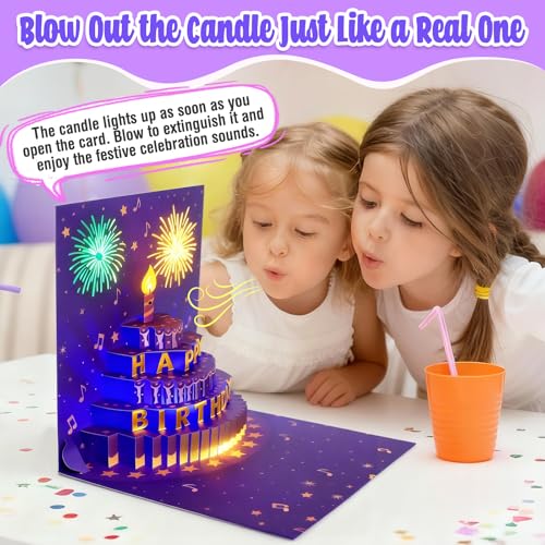 3D Pop Up Musical Birthday Card with Lights & Blow-Out Candle, Singing Happy Birthday Greeting Card, Unique Birthday Cards for Women, Men, Kids, Mum, Dad, Wife, Husband – With Envelope & Adhesive Seal