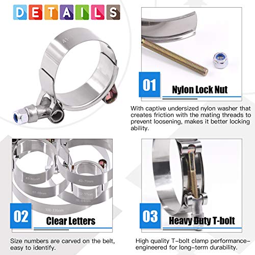 Glarks 12Pcs 6 Sizes 32-116Mm Stainless Steel T-Bolt Hose Clamps Turbo Intake Soft Hose Intercooler Clamps Assortment Set #TOP3