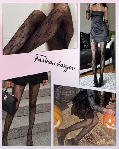 Image of 3 Pairs Fishnet Tights, Lace Stockings for Women, Patterned Tights for Women, Thigh High Suspender Stockings Butterfly Pattern