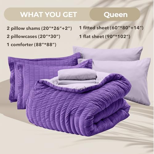 Image of HYMOKEGE Dark Purple /Lavender Queen Comforter Set Seersucker 7 Pieces, All Season Luxury Bed in a Bag Queen for Bedroom, Bedding Set with Comforter, Sheets, Pillowcases & Shams
