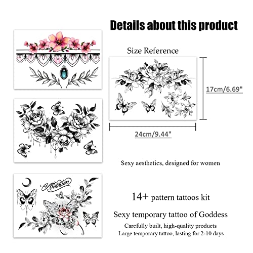 Roarhowl Sexy Temporary Tattoos For Women ,Sexy Tattoo Kit, Beautiful And Exquisite,3D Realistic Flowers, Butterflies, Abdomen, Chest, Waist And Back Apply False Tattoos For Girl (Design 3) #TOP4