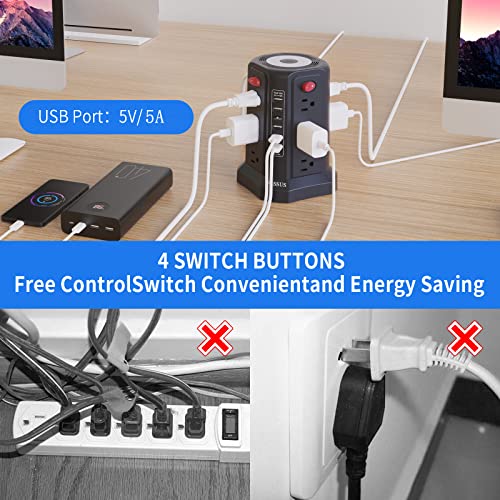 Surge Protector Power Strip Tower with 5 USB Ports and Night Light, 10FT Extension Cord with 12 AC Multiple Outlets, PASSUS Power Tower, Overload Protection for Home Office Dorm Room