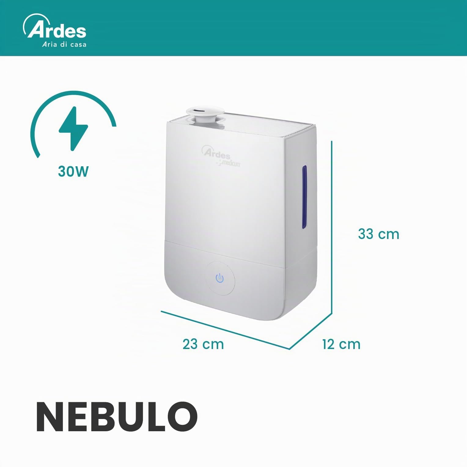 Ardes NEBULO Umidificatore a Ultrasuoni con 3 Livelli di Vapore, Comando Touch, Autospegnimento e Design Silenzioso, Bianco