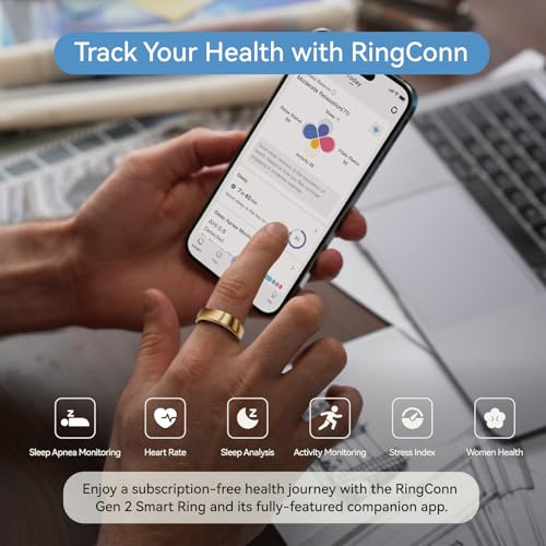 Image of RingConn Gen 2, World's First Smart Ring with Sleep Apnea Monitoring, No APP Subscription, 12-Day Battery Life, Stress /Heart Rate /Women's Health Tracker, Android & iOS Compatible (Rose Gold, Size 12)