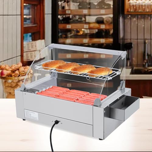 Hot Dog Roller, 18 Hot Dogs 7 Rollers Grill Cooker Machine with Removable Stainless Steel Drip Tray Stainless Steel with Cover, Dual Temp Control, Led Light, Perfect for Commercial and Party