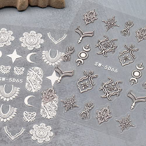 Dornail 4 Sheets 5D Embossed Filigree Nail Stickers Engraved Brown White Lace Necklace Nail Decals Flowers Star Moon Carved Nail Art Stickers Diy Design Decoration Accessories #TOP2