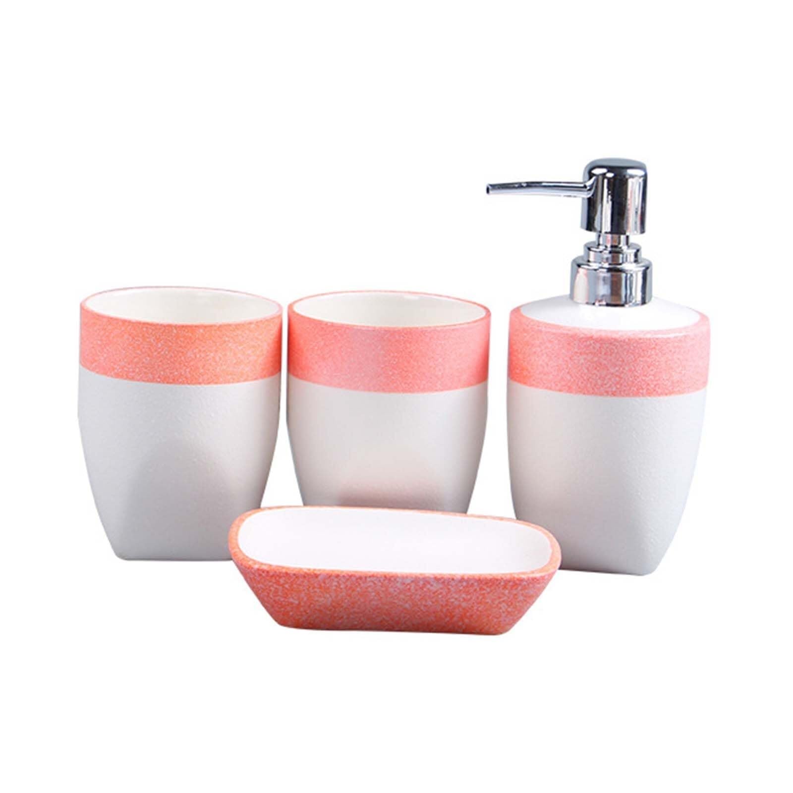Juego de baño de cerámica rosa con dosificador antigoteo y soporte higiénico