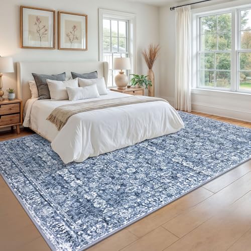 Blue 9x12 Area Rug, Vintage Floral Large Washable Rug for Living Room Non-Slip Ultra Soft Bedroom Rugs Tribal Traditional Farmhouse Carpet for Dining Room Office Home Décor