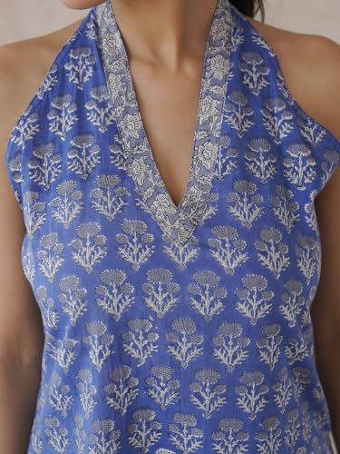 Image of GOODHAND Chic Cotton Halter Kurti with Timeless Block printsPerfect for Casual outings or Festive Flair-Where Traditional Charm Meets Modern Silhouette
