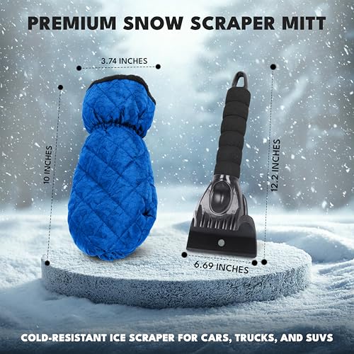 Image of EcoNour Ice Scraper Mitt for Car Windshield | Waterproof Warm Glove | Thick Fleece Lining | Windshield Scraper for Ice and Snow with Foam Grip, Scratch-Free | Detachable Cleaner for Car (Blue)