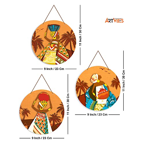 Image of Artvibes African Village Themed Warli Art Round Wooden Wall Hanger for Home Decor | Living Room | Handcrafted Art | Wall Illustrations | Art Prints | Aesthetic Wall Art | Gifts (WH 4201N), Set of 3