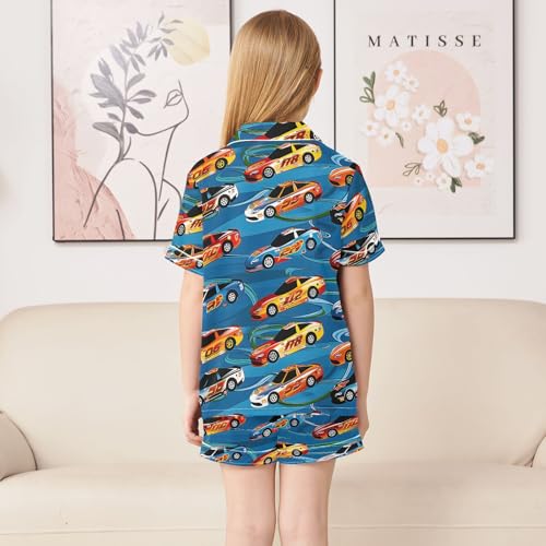 ALAZA Racing Car Blue Satin Pajamas Set Short Sleeve Button Down Sleepwear Summer Pjs 2 Piece4