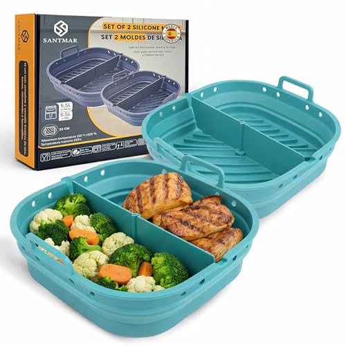 SANTMAR Pack 2 Moldes de Silicona Cuadrados Freidora de Aire 22×22 cm con Separador – Plegables, Antiadherentes, Canales Antigrasa, BPA Free, Apto Horno/Microondas/Lavavajillas (5,5–7 L) (Azul)