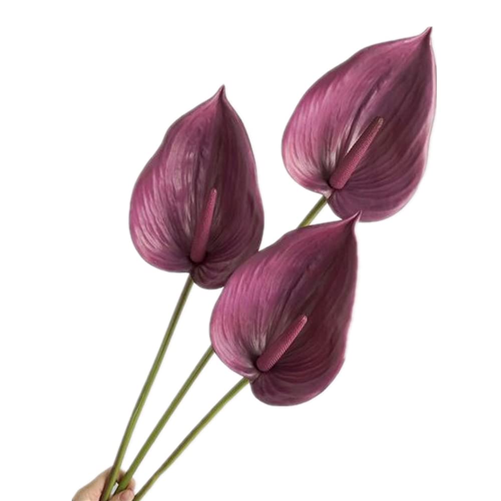 3Pcs Artificial Anthurium Lily Flowers for Home Decor Dining Table Centerpiece Prom Party Decor (Purple)
