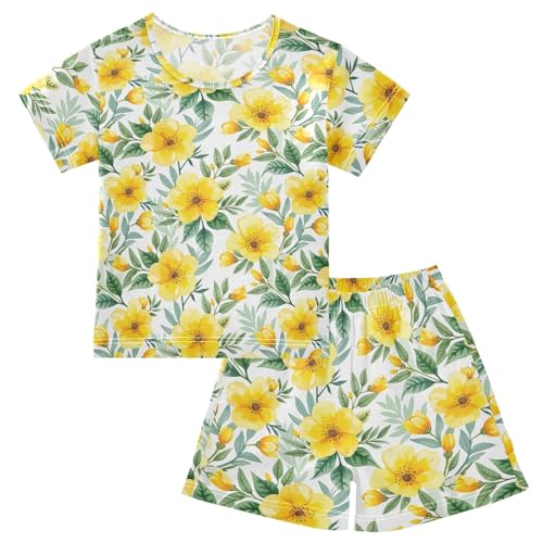 CHIFIGNO Yellow Flowers Leaves Cozy Short SleevePajama, Pj Set with Pocket 5Y