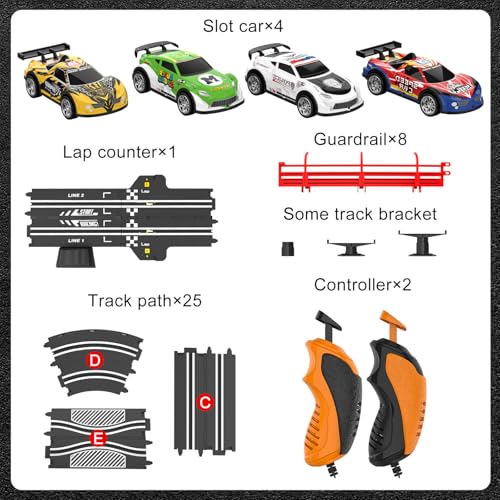 3-in-1 Slot Car Race Track Sets with 4 High-Speed Cars, Electric Track, Dual Racing Game with Lap Counter & 2 Controllers, and Circular Overpass Design &ndash; Toy Gift for Boys Kids Ages 4-6 6-8 8-12