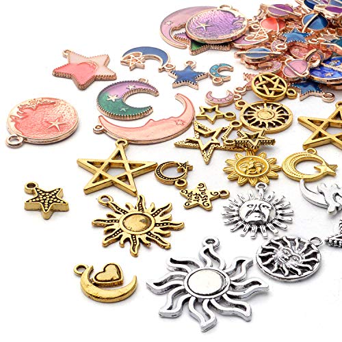 170Pcs Jewelry Celestial Charm Pendants, Assorted Gold Plated Enamel Moon Star Charms, Mixed Styles Alloy Sun Moon Star Charms Pendants Diy For Bracelet Necklace Earring Jewelry Making And Crafting #TOP3