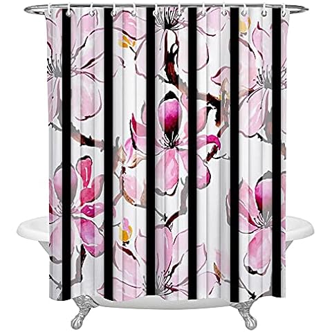 Shower Curtain Mould ​and Mildew Resistant 100% Polyester-Waterproof Quick-Drying, Weighted Hem, Shower Curtains Bathroom Floral plant watercolor stripes Pattern-W180xH180CM,with 12 Hooks Cover
