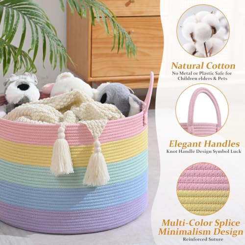Image of 67L Large Rainbow Blanket Basket, Cotton Rope Baby Laundry Hamper with Handles, Kids Toy Basket for Classroom & Nursery, Soft Round Stuffed Animal Storage, Dog Toy Bin - 20 inchx13 inch, Light Rainbow