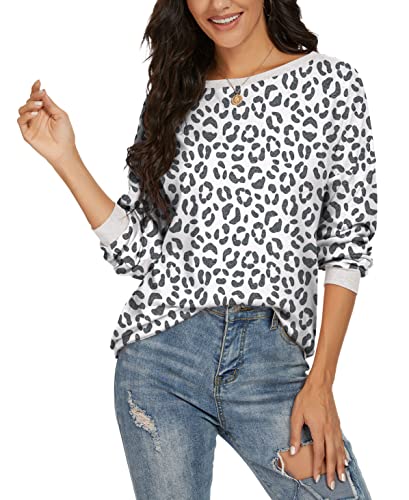 Jinkesi Women's Casual Long Sleeve Color Block Round Neck Loose Fit Blouses T Shirts Sweatshirts Pullover Tops Shirts Fp-Leopard White-Large #TOP1