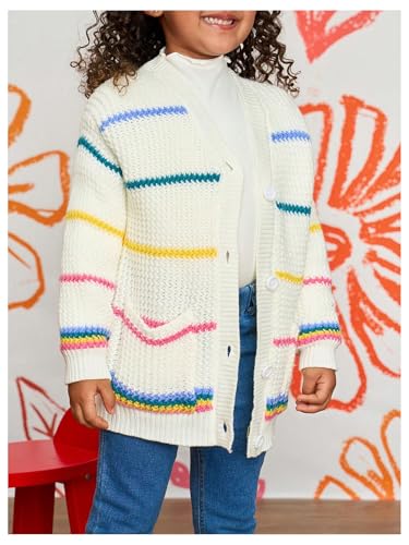 GORGLITTER Girl's Rainbow Striped Button Up Cardigan V Neck Long Sleeve Cute Knit Fall Sweater Tops2
