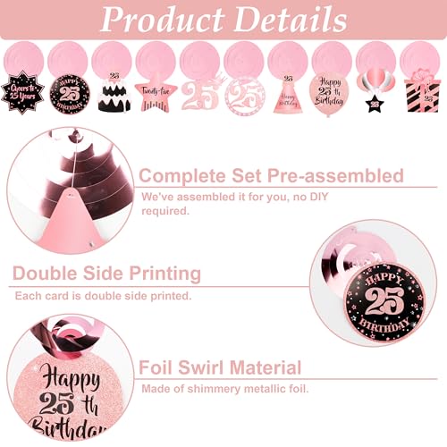 Image of 25th Birthday Decorations for Women Rose Gold Pink Pre Strung Happy 25th Birthday Banner and Hanging Swirls 25 Year Old Party Decorations Supplies