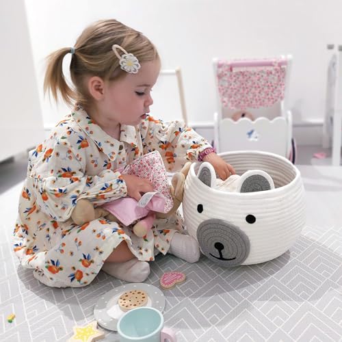 Image of CherryNow Cotton Rope Baby Basket for Nursery, Bear Gift Baskets for Kids, Empty Baby Shower Basket with Handles, Small Cute Animal Baskets, White, 10.5 inchD x 8.5 inchH