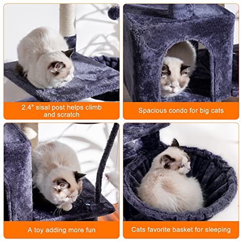 Image of Heybly Cat Tree with Toy, 43.3 inch Cat Tower for Indoor Cats HCT004G | Cat Condo with Durable Sisal Scratching Posts, Cat House with Padded Plush Perch, Cozy Hammock, Smoky Gray