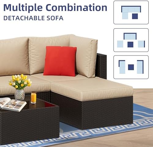 Vongrasig 5 Piece Patio Furniture Sets, Outdoor Patio Set Sectional Sofa, All-Weather PE Rattan Outdoor Couch with Ottoman, Glass Table for Garden, Backyard, Porch, Beige — view 3