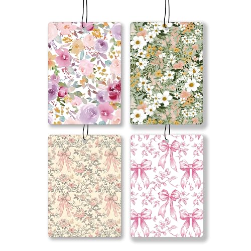 Image of Vintage Coquette Bow Flower Lavender Car Air Freshener, Rustic Cottagecore Floral Hanging Air Freshener 4 Pcs for Cars Closet Drawer Books, Retro Flower Car Accessories Mirror Decor for Women