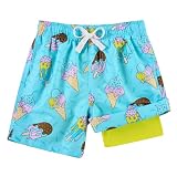 Cozople Boys Swim Trunks with Compression Liner Novelty Ice Cream Swim Shorts Quick Dry UPF 50+ Blue Bathing Suit for Teens Summer Holiday Beachwear