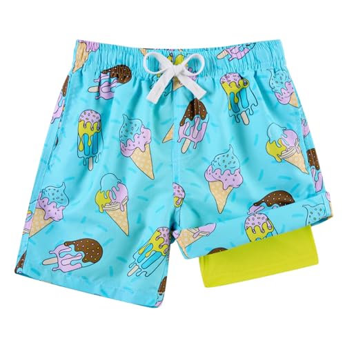Cozople Boys Swim Trunks with Compression Liner Novelty Ice Cream Swim Shorts Quick Dry UPF 50+ Blue Bathing Suit for Teens Summer Holiday Beachwear